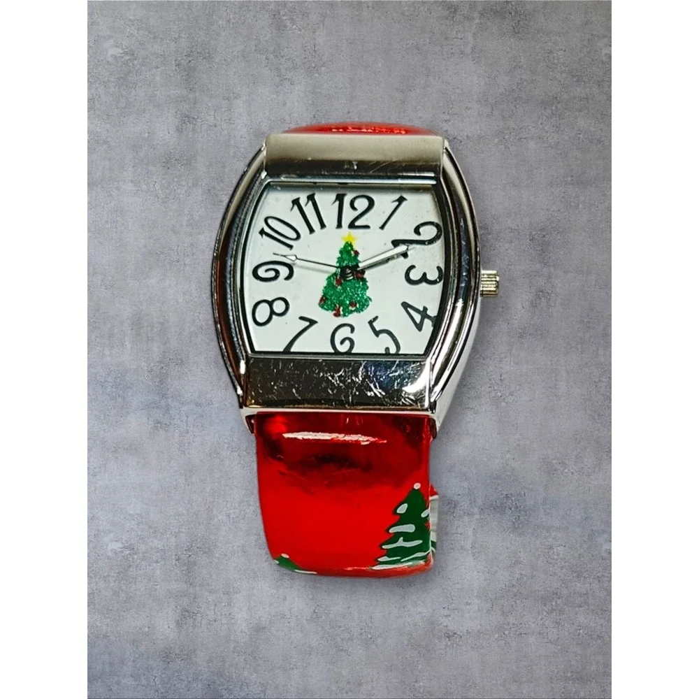 Accutime Christmas Tree Cuff Watch Womens Red Silver Fair Holiday Novelty